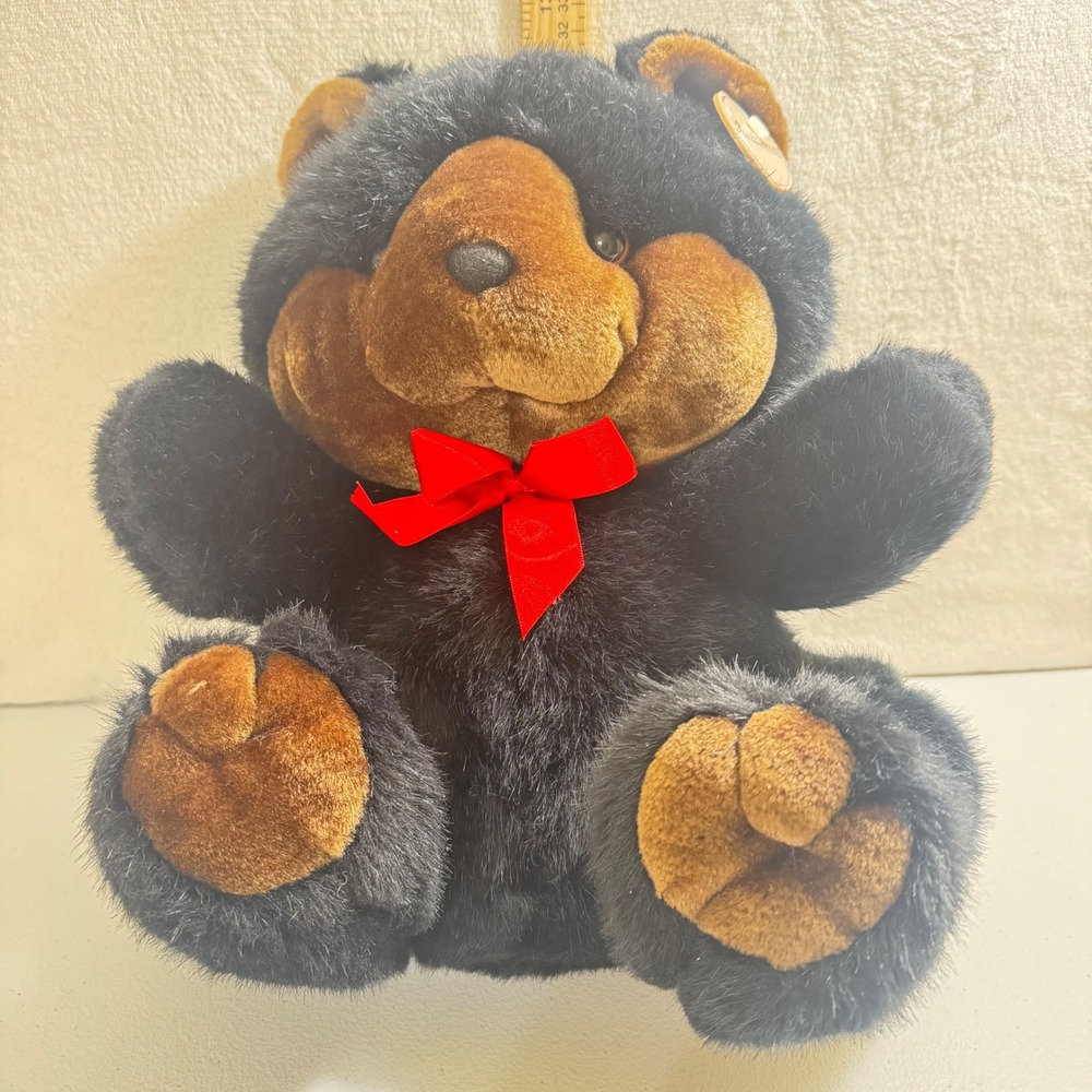 Vintage 1993 Heartwarmers Summit Collection Black Bear Plush Red Bow 12‎ inch